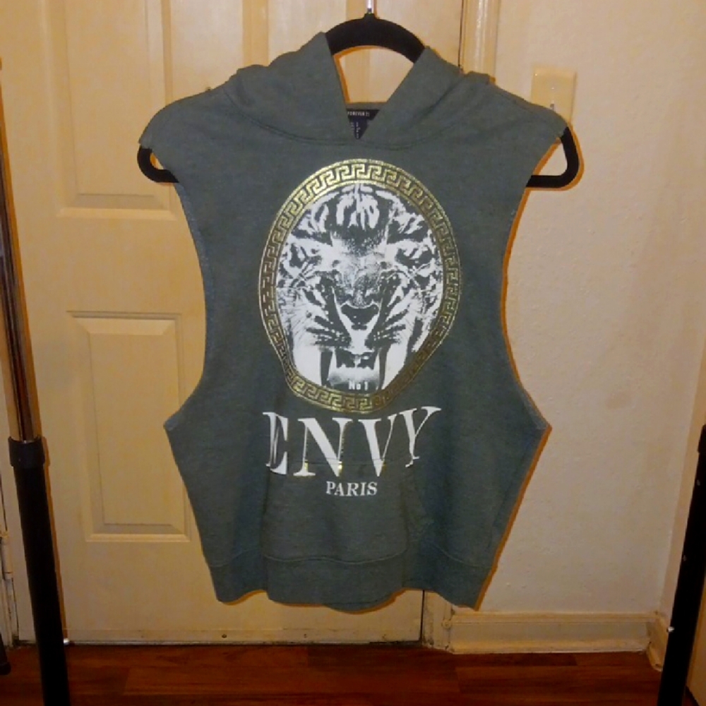 Green  ENVY PARIS Sleeveless Hoodie with Tiger Print